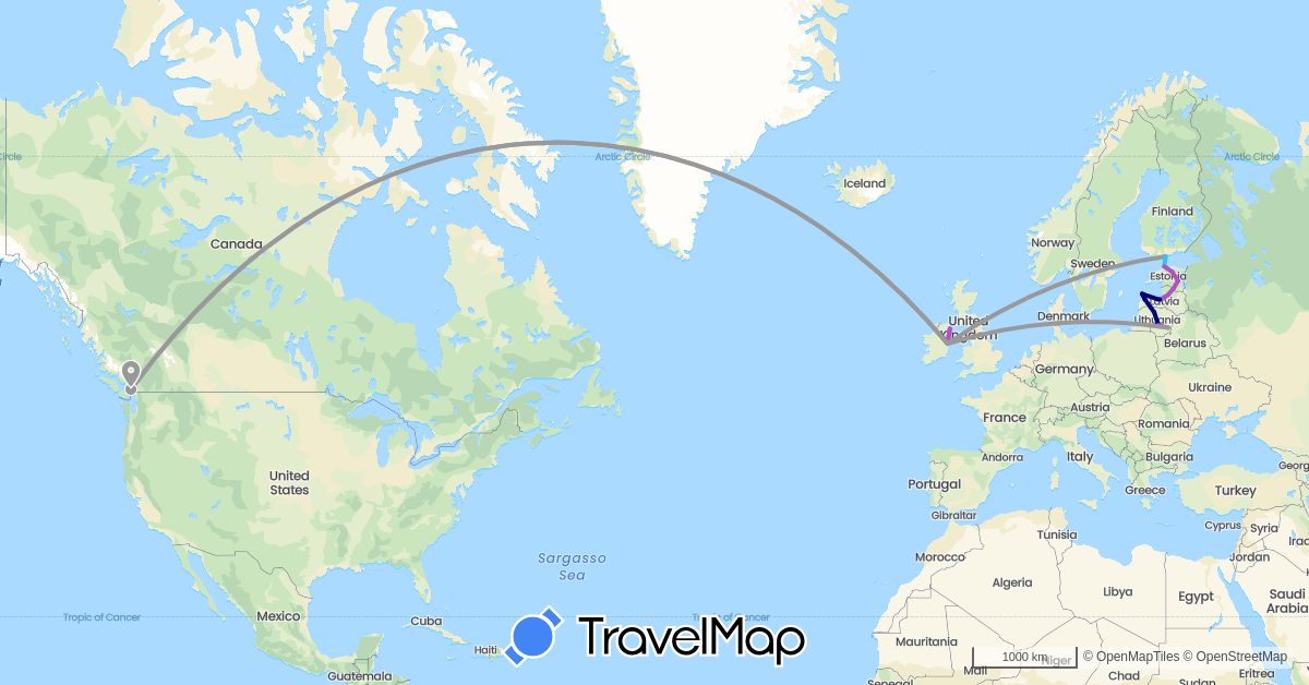 TravelMap itinerary: driving, plane, train, boat in Canada, Estonia, Finland, United Kingdom, Ireland, Lithuania, Latvia (Europe, North America)